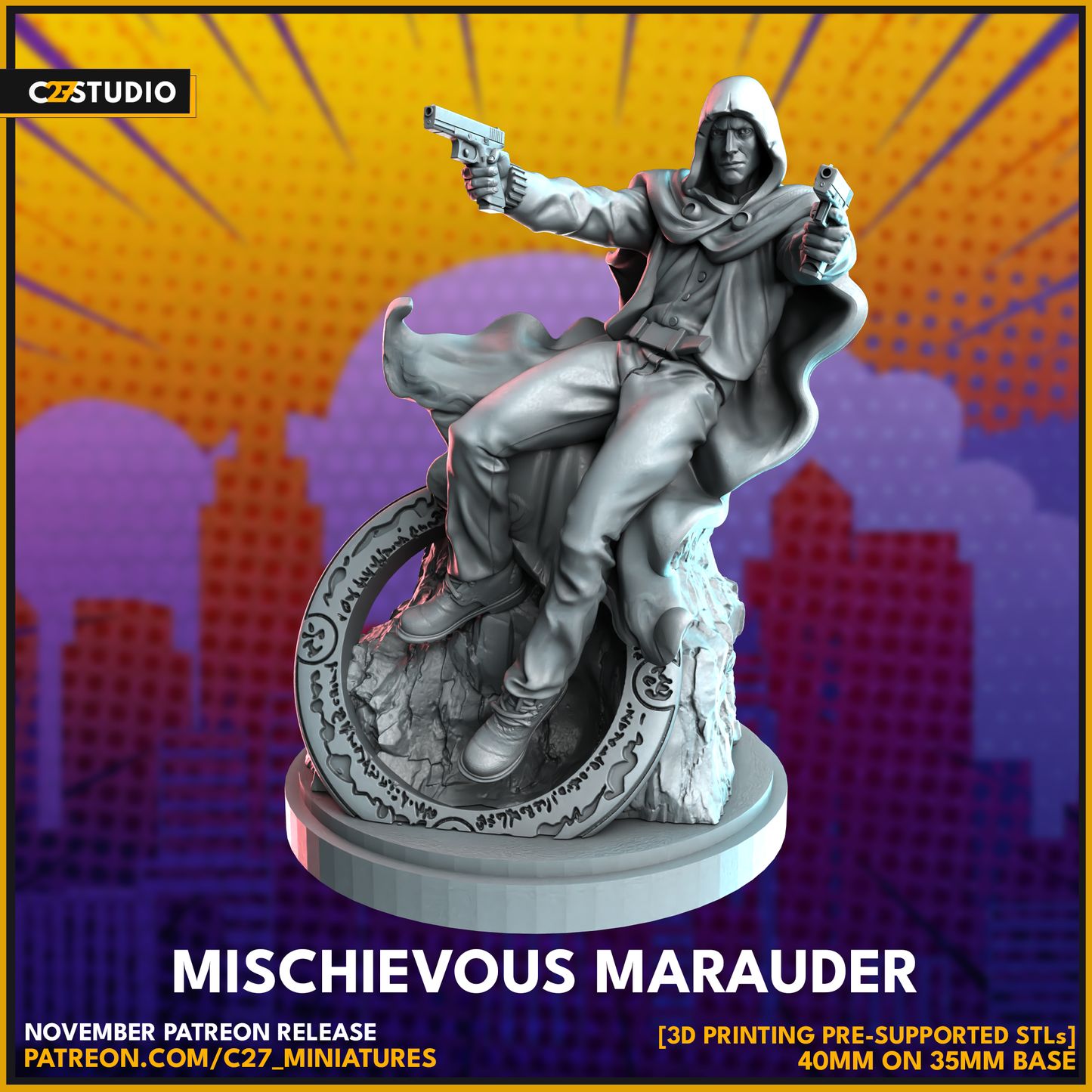 C27 Minis & Terrain November 2023 Release: Acorn Avenger, Amazon Prime, Bad Hair Day, Bad Kitty, Black Widow, Deathlok, Donatello, Dusk Deceiver, Grumpy Turtle, Heimdall, Hood, Starbolt
