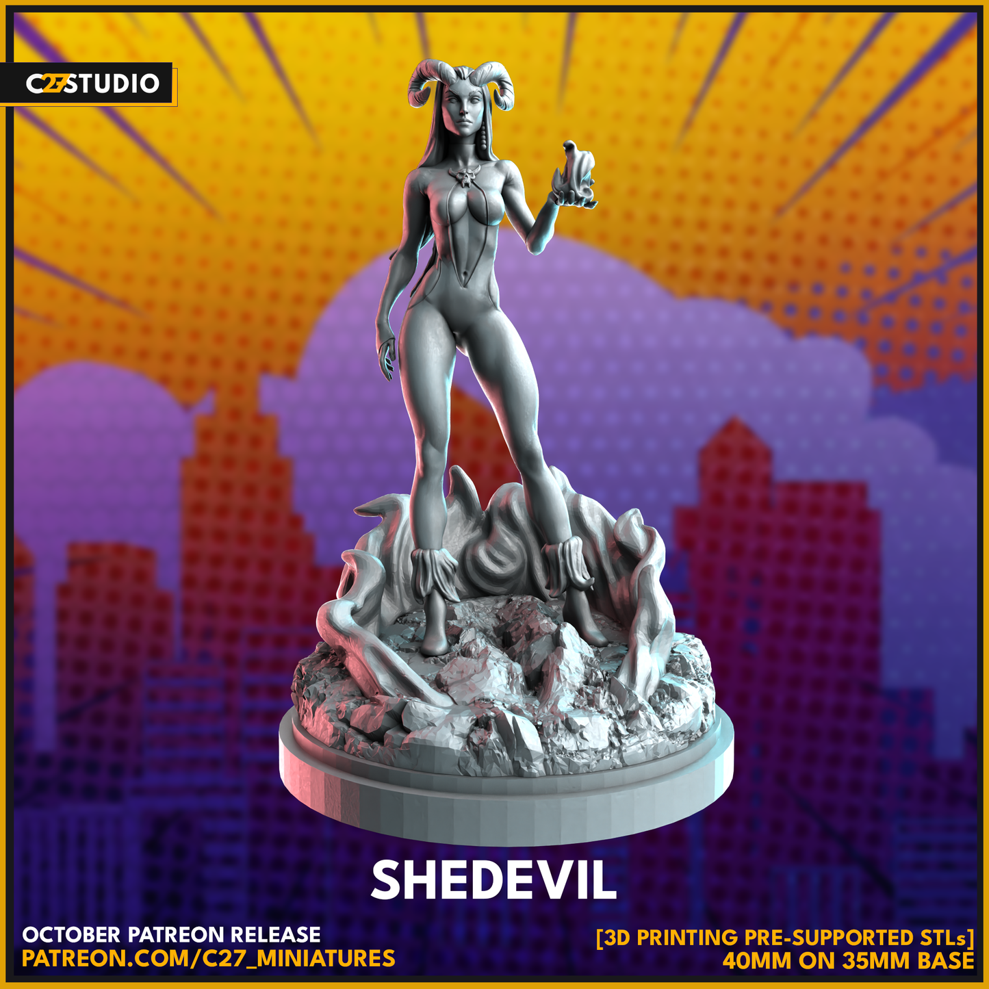 C27 Minis & Terrain October 2023 Release: Alien Bug, B.L. Zebub, Big Red (Hellboy), Chomp Chomp, Limbo Queen (New Mutants), Monochrome Spider, Pizza Lover, Pumpkinhead, Shedevil, Team Jacob, The Observer, Woman Without Fear