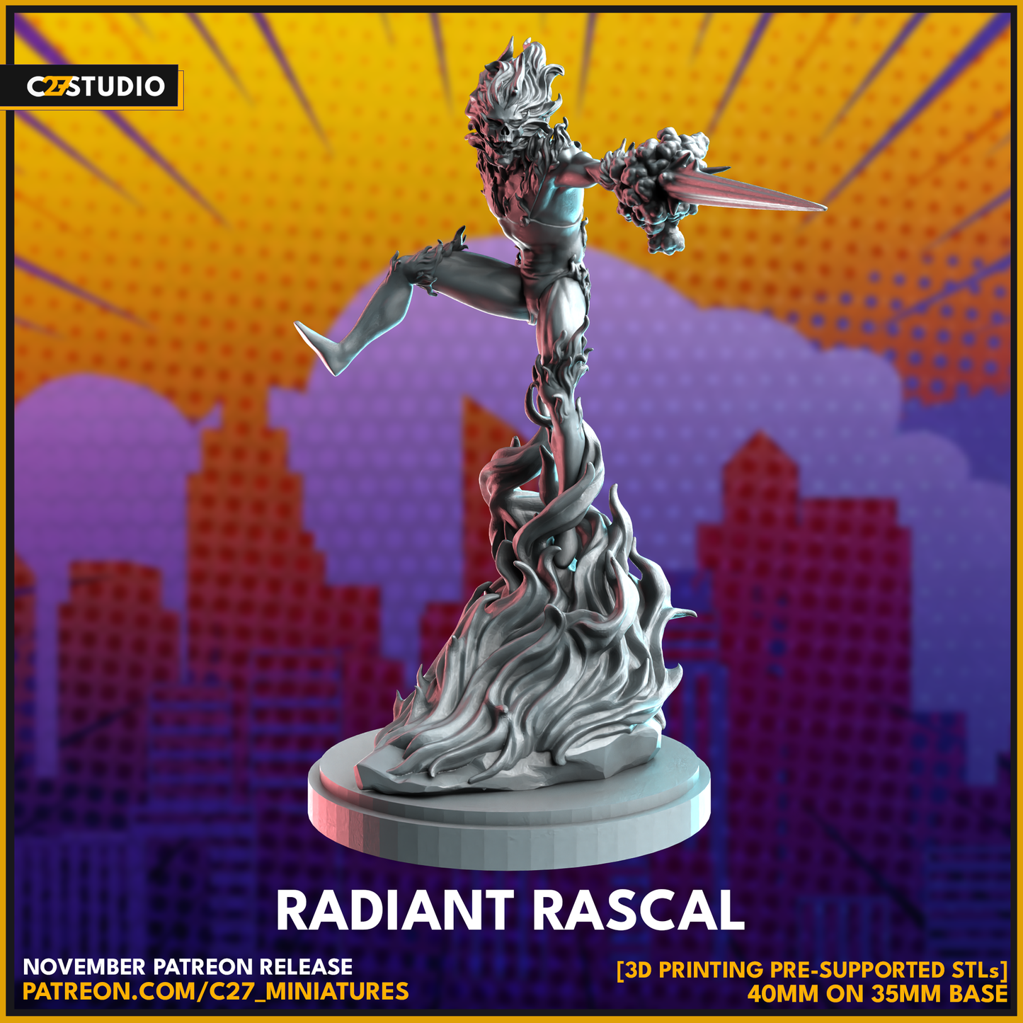 C27 Minis & Terrain November 2023 Release: Acorn Avenger, Amazon Prime, Bad Hair Day, Bad Kitty, Black Widow, Deathlok, Donatello, Dusk Deceiver, Grumpy Turtle, Heimdall, Hood, Starbolt