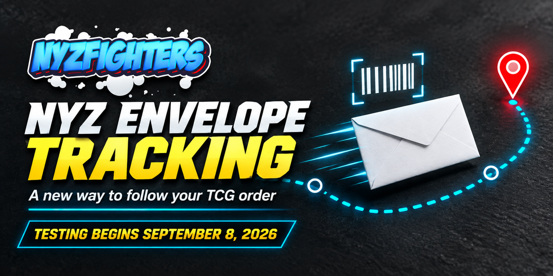 NYZ Fighters Envelope Tracking testing announcement with an envelope, barcode, and route graphic