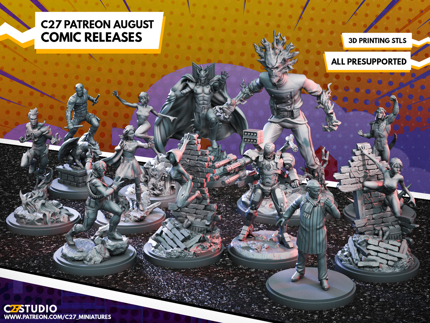 C27 Minis & Terrain August 2022 Release: Cannonball, Daredevil, Ghost Spider, Groot, Human Torch, Longshot, Marinna, Pizza Poppa, Starlight, Stryfe, War Machine