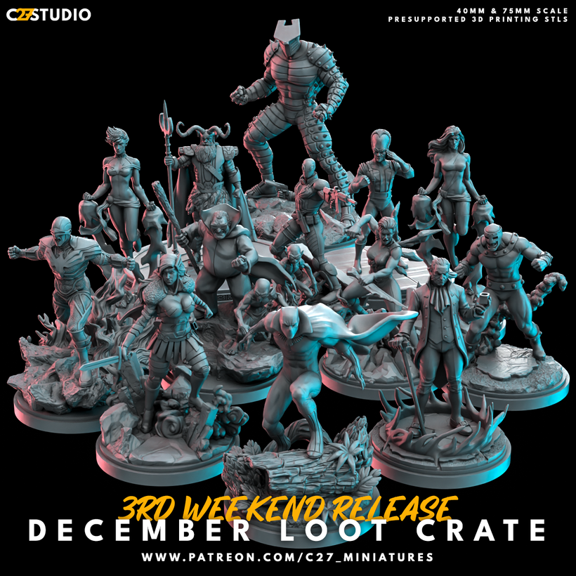 C27 Minis & Terrain December 2022 Release: Agent Venom, Black Panther, Bulldozer, Captain Marvel, Cyclops, Destroyer, Green Goblin, Lady Sif, Marrow, Moleman, Ms. Marvel, Odin, Sebastian Shaw, Sentry, The Leader