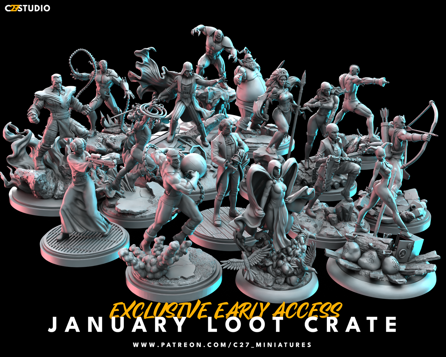 C27 Minis & Terrain January 2023 Release: Atrocitus, Cassandra Nova, Colossus, Elektra, Harley Quinn, Hawkeye, Jason Wyngarde, Klaw, Police Goons, Raven, Storm, Sunspot, Thunderball, Volstagg, Whiplash