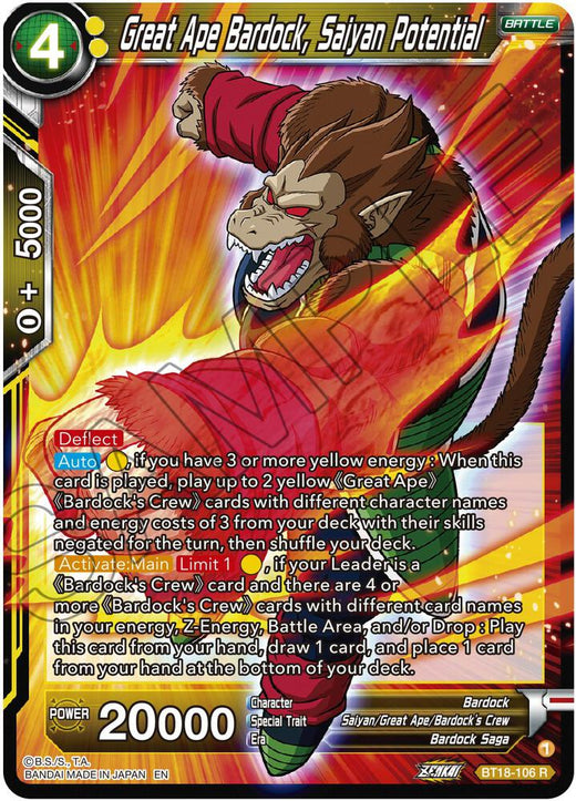 Great Ape Bardock, Saiyan Potential BT18-106 Rare
