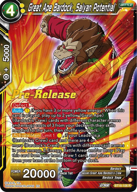 Great Ape Bardock, Saiyan Potential BT18-106 Rare