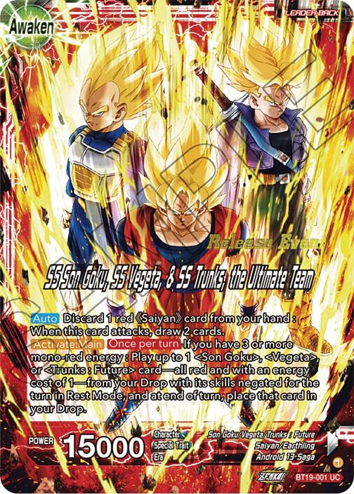 Son Goku & Vegeta & Trunks // SS Son Goku, SS Vegeta, & SS Trunks, the Ultimate Team (Fighter's Ambition Holiday Pack) BT19-001 Promo