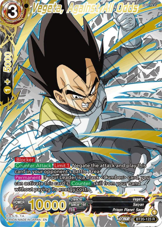 Vegeta, Against All Odds (Gold-Stamped) BT20-123 Rare Foil