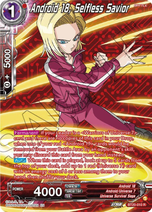 Android 18, Selfless Savior (Silver Foil) BT20-010 Rare