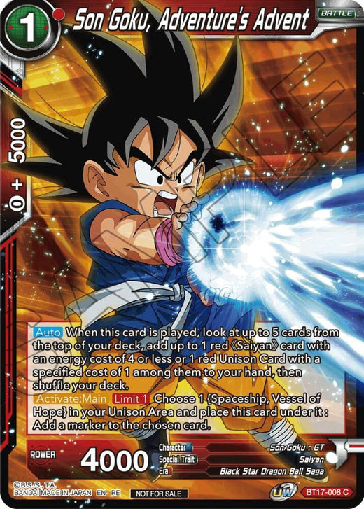 Son Goku, Adventure's Advent (Championship Selection Pack 2023 Vol.1) BT17-008 Common Foil