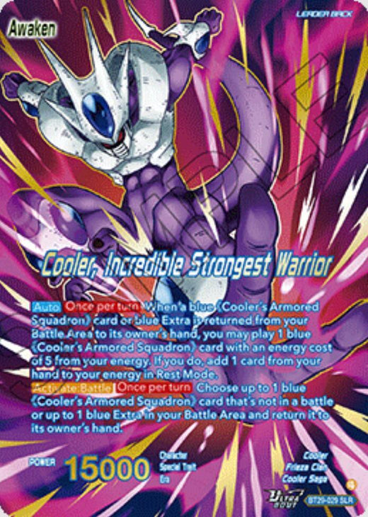 Cooler // Cooler, Incredible Strongest Warrior (SLR) BT29-029 Special Leader Rare Foil