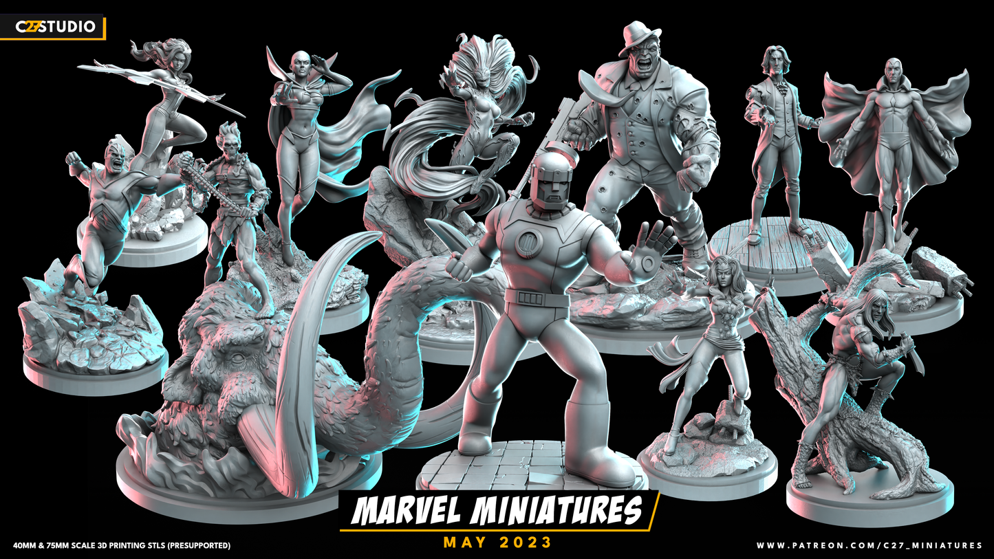 C27 Minis & Terrain May 2023 Release: Captain Britain, Dagger, Donald Pierce, Ghostrider 1 Million BC, Joe Fixit, Ka-Zar, Moondragon, Oracle, Scream, Sentinel, Vision