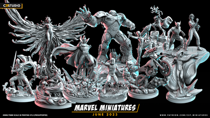 C27 Minis & Terrain June 2023 Release: Ant-Man (Classic), April O'Neal, Black Knight, Cloak, Gladiator, Gwenpool, Hulkbuster, Rachel Summers, Throg, Wolverine (Brown Suit)