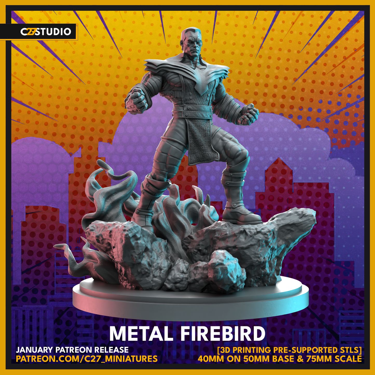 C27 Minis & Terrain January 2023 Release: Atrocitus, Cassandra Nova, Colossus, Elektra, Harley Quinn, Hawkeye, Jason Wyngarde, Klaw, Police Goons, Raven, Storm, Sunspot, Thunderball, Volstagg, Whiplash