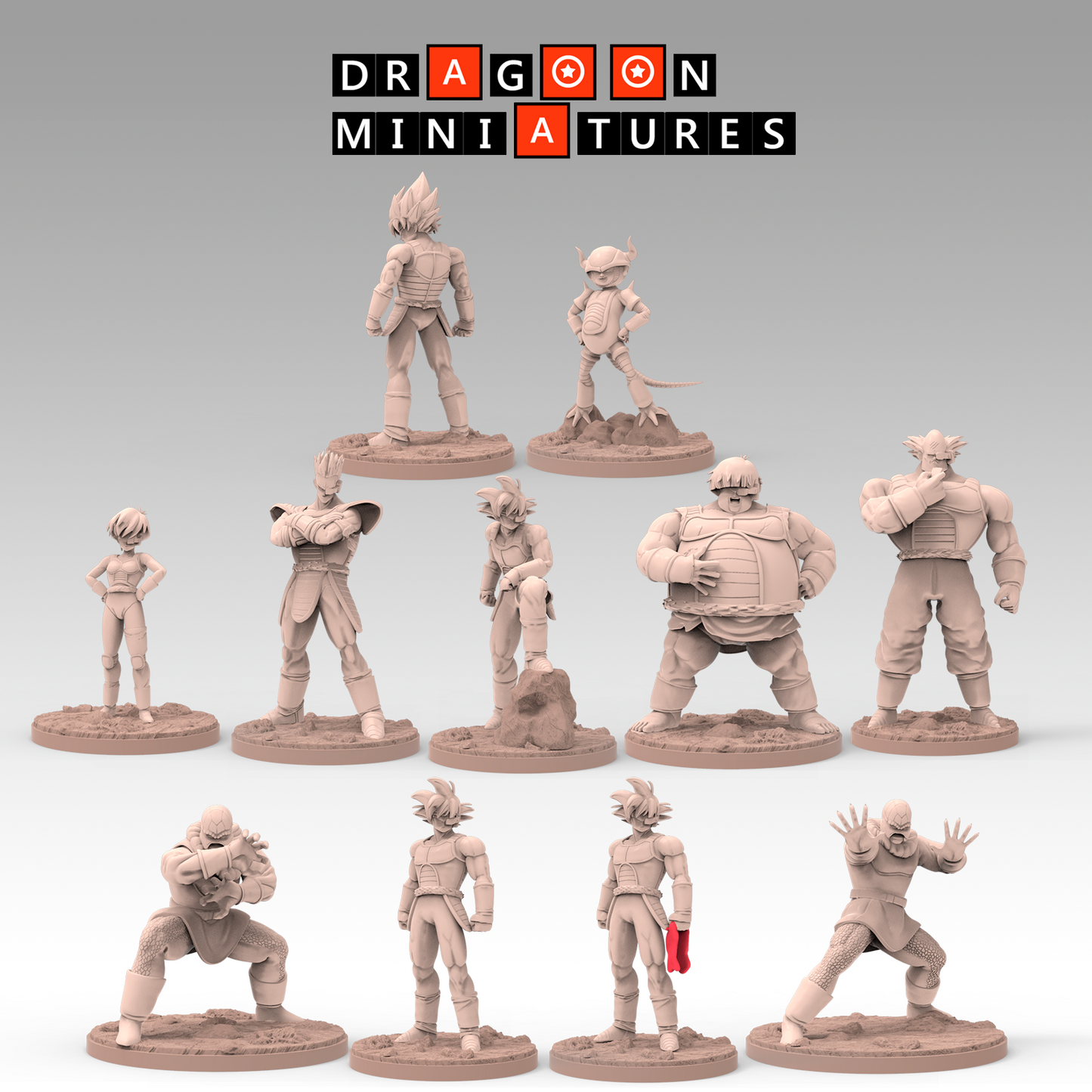 2022.12 Bardock Saga: Resin 3D Printed Miniatures Set - Bardock, Bardock Bandana, Bardock on Rock, Bardock Super Saiyan, Base, Borgos, Chilled Sama, Fasha, Kanassans, Shugesh, Tora - Dragoon Miniatures