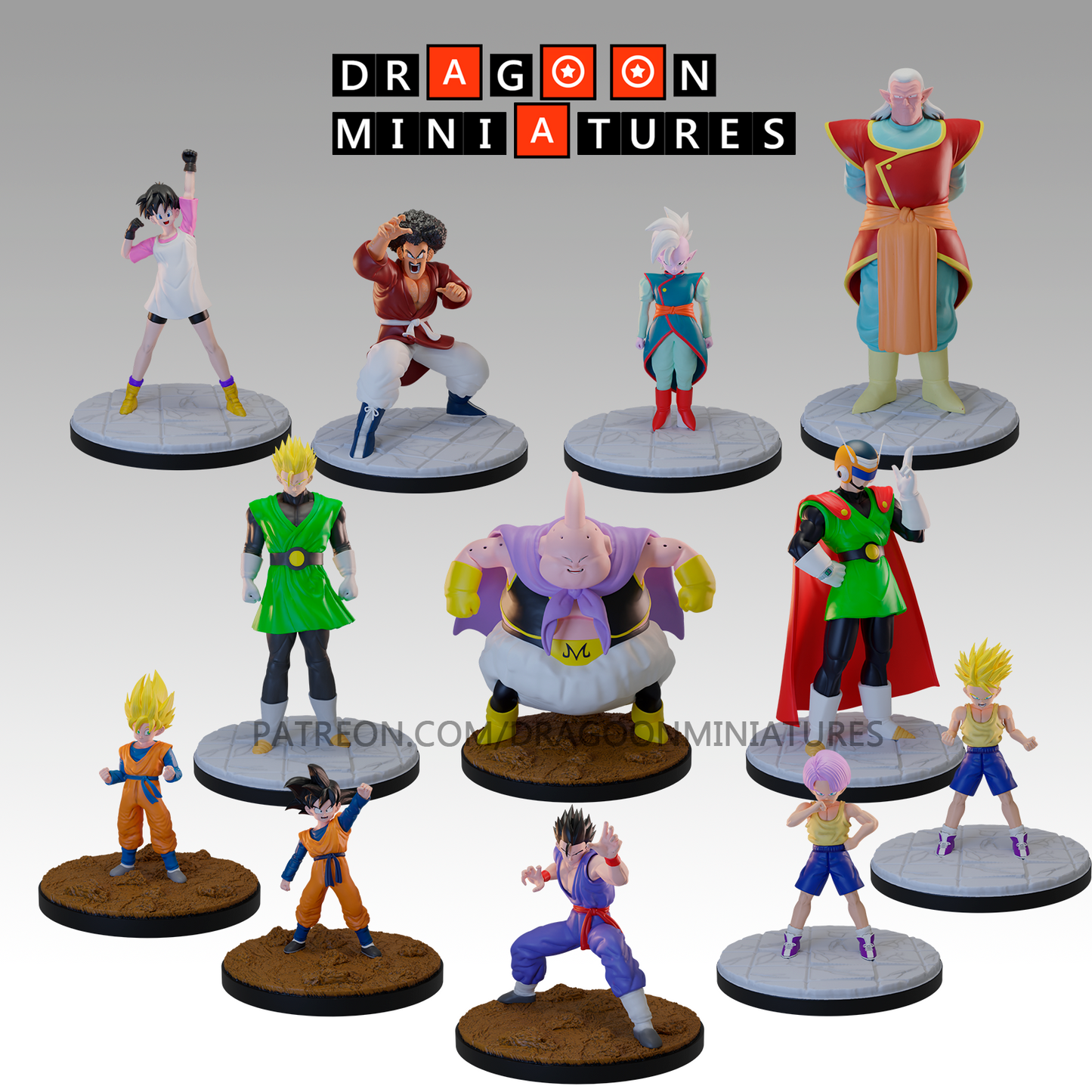 2024.01 Buu Saga 2: Resin 3D Printed Miniatures Set - Buu, Gohan Training, Goten, Goten SS, Kibito, Saiyaman, Saiyaman SS, Satan, Shin, Trunks, Trunks SS, Videl - Dragoon Miniatures