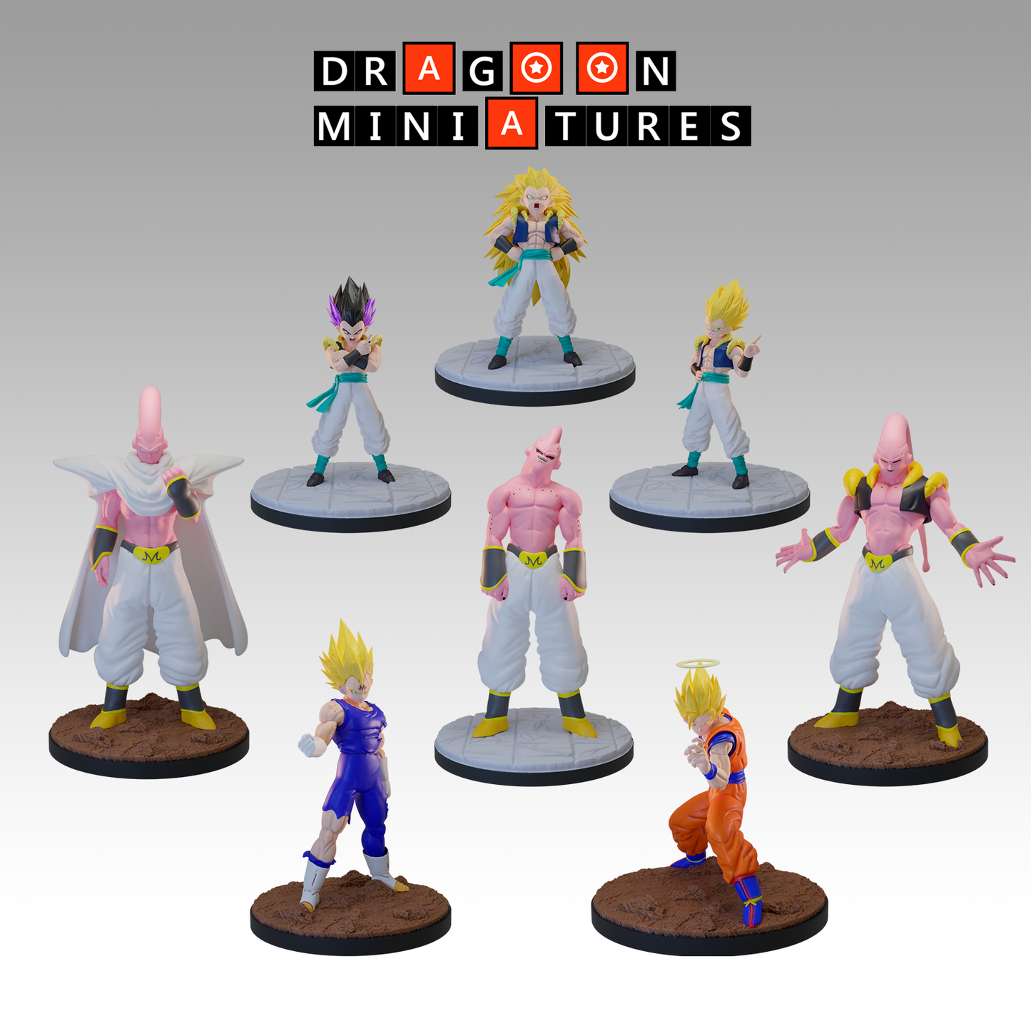 2024.02 Buu Saga 3: Resin 3D Printed Miniatures Set - Buu Gotenks, Buu Piccolo, Goku SS2, Gotenks 3, Gotenks Base, Super Buu, Super Gotenks, Vegeta Majin - Dragoon Miniatures