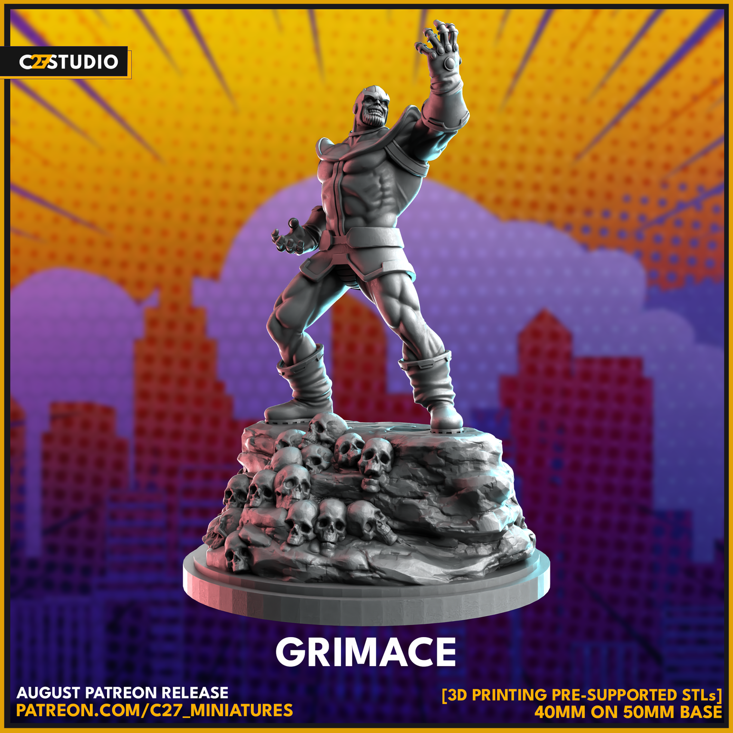 C27 Minis & Terrain August 2023 Release: Chrome Dome, Golden Boy, Grimace, Heladriel, Lover of the Russian Queen, Parasite Stacy, Rat Daddy, Silky Smooth, Womanta, Young Trickshot