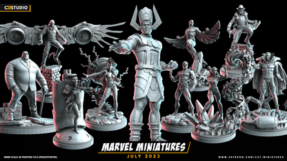 C27 Minis & Terrain July 2023 Release: Classic Falcon, Crystal, Galactus, Kingpin, Mohawk Storm, Mr Sinister, Shadowcat, Smasher, Spider-Man Noir, Vulture