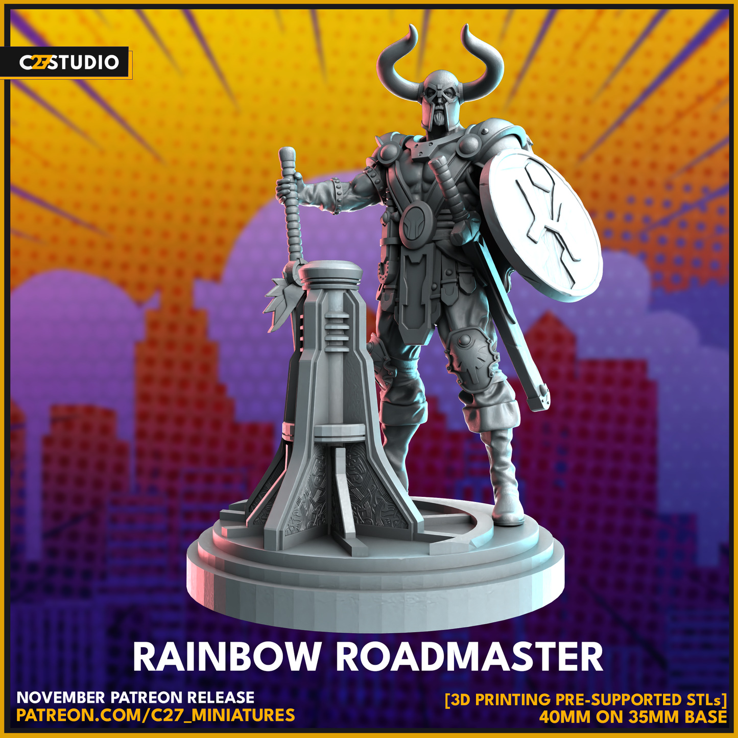 C27 Minis & Terrain November 2023 Release: Acorn Avenger, Amazon Prime, Bad Hair Day, Bad Kitty, Black Widow, Deathlok, Donatello, Dusk Deceiver, Grumpy Turtle, Heimdall, Hood, Starbolt