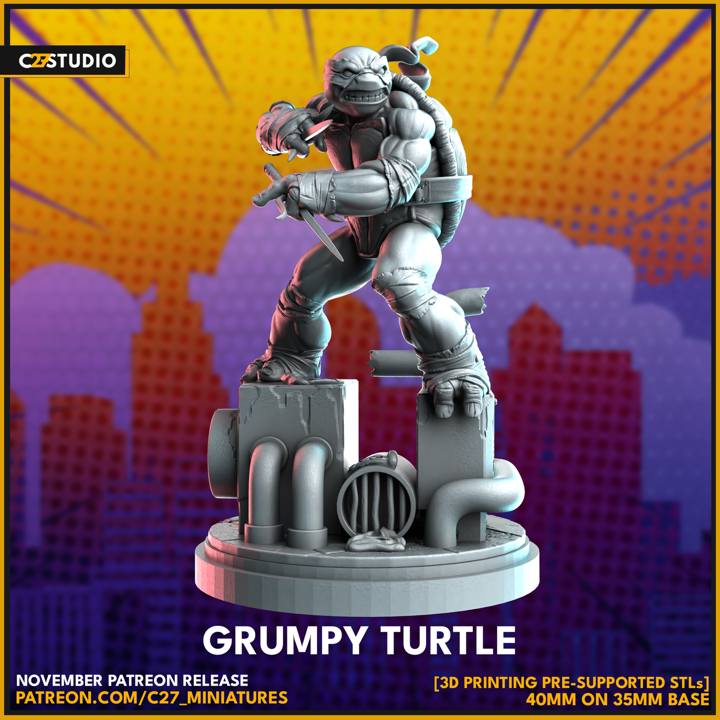 C27 Minis & Terrain November 2023 Release: Acorn Avenger, Amazon Prime, Bad Hair Day, Bad Kitty, Black Widow, Deathlok, Donatello, Dusk Deceiver, Grumpy Turtle, Heimdall, Hood, Starbolt