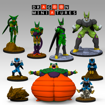 2023.08 Android Saga Cell Pack: Resin 3D Printed Miniatures Set - Cell Jr 1, Cell Jr 2, Cell Jr 3, Cocoon, Imperfect Cell, Perfect Cell, Power-Weighted Cell, Semi-Perfect Cell, Semi-Perfect Cell With Bomb Activated - Dragoon Miniatures