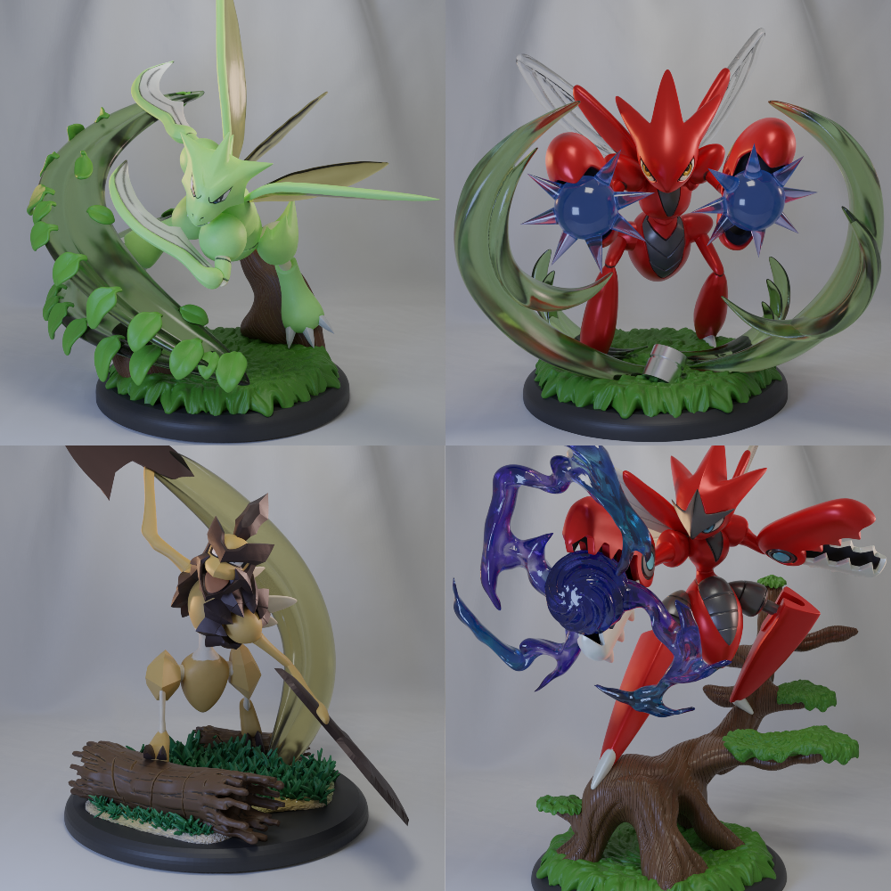 🪲 Poke Crisis Miniatures – Bladed Insect Evolution - Kleavor, Scizor, Scizor, Mega Scyther