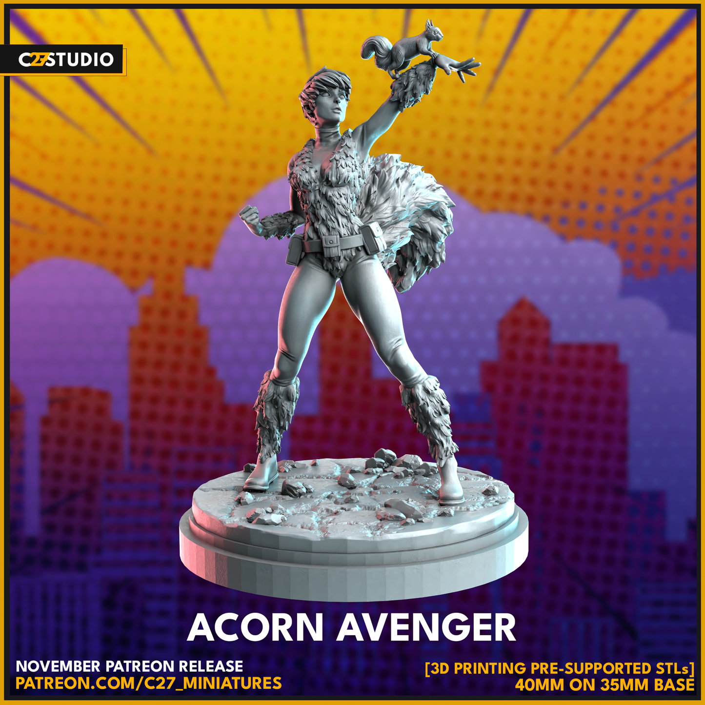 C27 Minis & Terrain November 2023 Release: Acorn Avenger, Amazon Prime, Bad Hair Day, Bad Kitty, Black Widow, Deathlok, Donatello, Dusk Deceiver, Grumpy Turtle, Heimdall, Hood, Starbolt