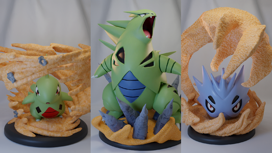 🪨 Poke Crisis Miniatures – Colossal Stone Beast Evolution - Tyranitar, Larvitar, Pupitar
