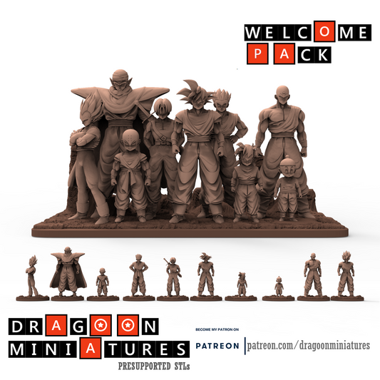 2022.07 Welcome Opening Pack: Resin 3D Printed Miniatures Set - Chiaotzu, Gohan, Goku, Krillin, Piccolo, Tien, Trunks, Vegeta, Yamcha - Dragoon Miniatures