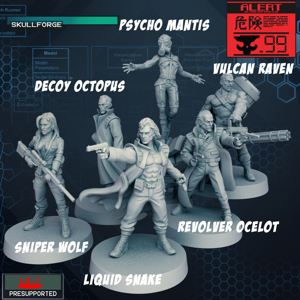 Metal Gear Solid | 32mm Scale | Solid Snake | Meryl | Hal | Ninja | Liquid | Ocelot | Sniper Wolf | Mantis TACTICAL MINIATURE SKIRMISH