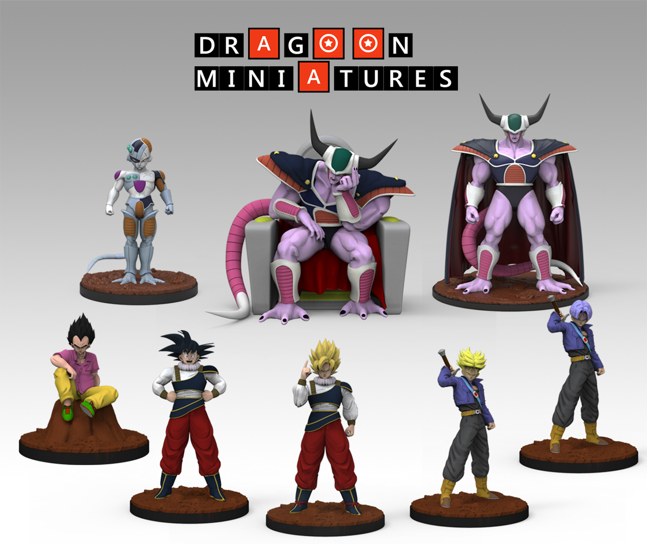 2023.05 Android Saga Part 1: Resin 3D Printed Miniatures Set - Badman, King Cold, King Throne, Mecha Frieza, Super Yardrat, Trunks, Trunks Super, Yardrat - Dragoon Miniatures